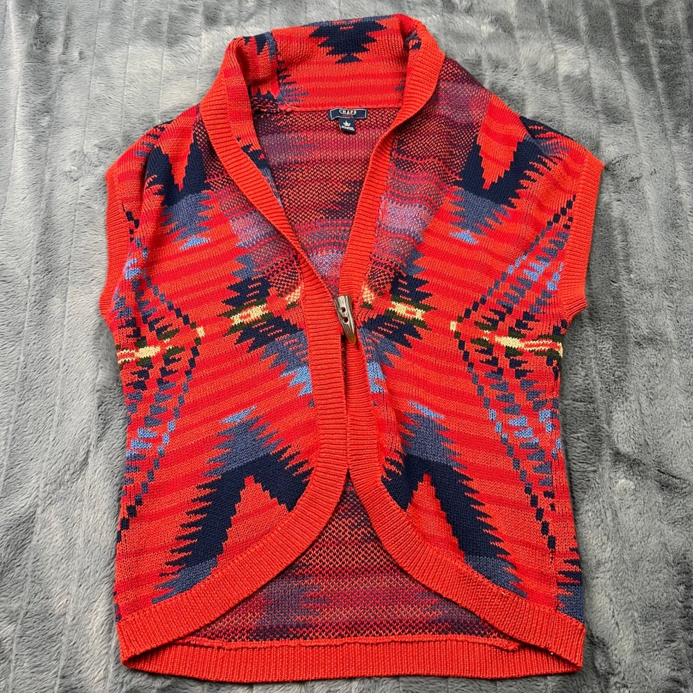 Chaps Denim Womens Large Red Southwestern Geometric Shawl Collar Toggle Vest